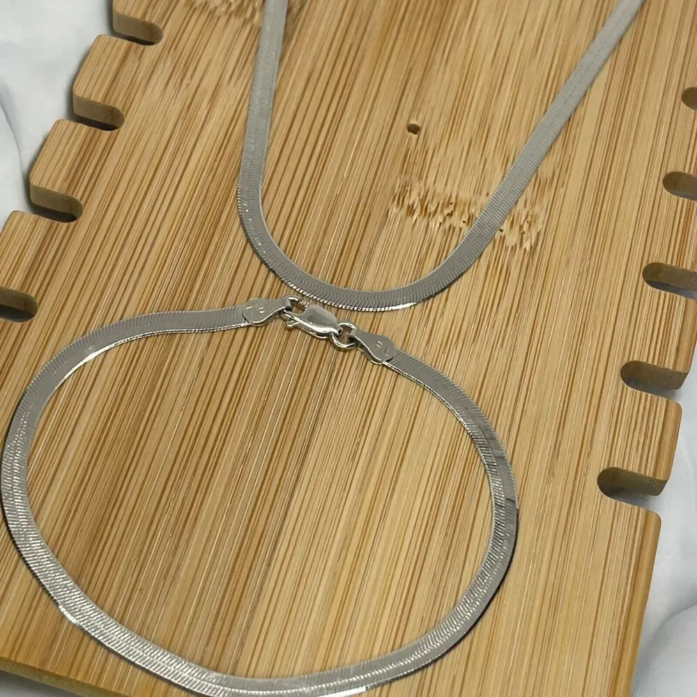 Sterling Silver Herringbone Chain Necklace Bracelet (2 Piece Set) Chic 3.5mm NEW